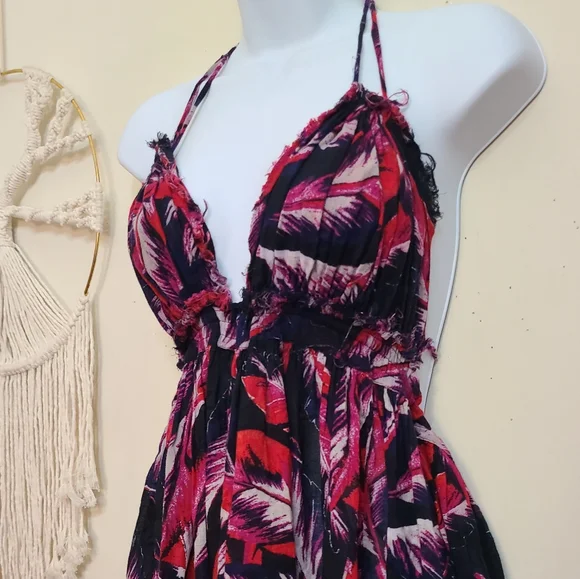 Free People | 100 Degrees Red & Black Boho Tie Dress - Picture 5 of 12